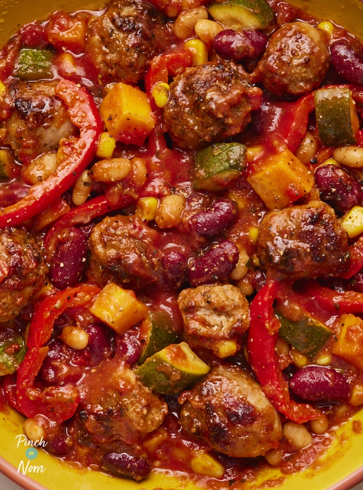 Pinch of Nom BBQ Bean and Sausage Bake, fresh out of the oven and ready for serving.