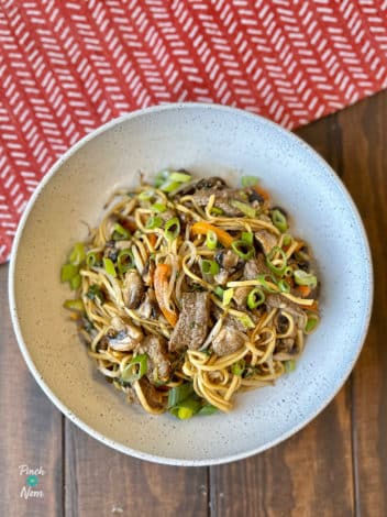 Air Fryer Beef and Mushroom Chow Mein pinchofnom.com