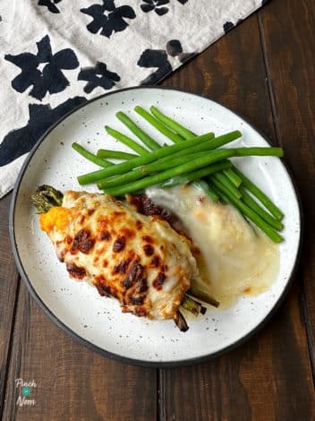 Air Fryer Ham and Asparagus Chicken pinchofnom.com