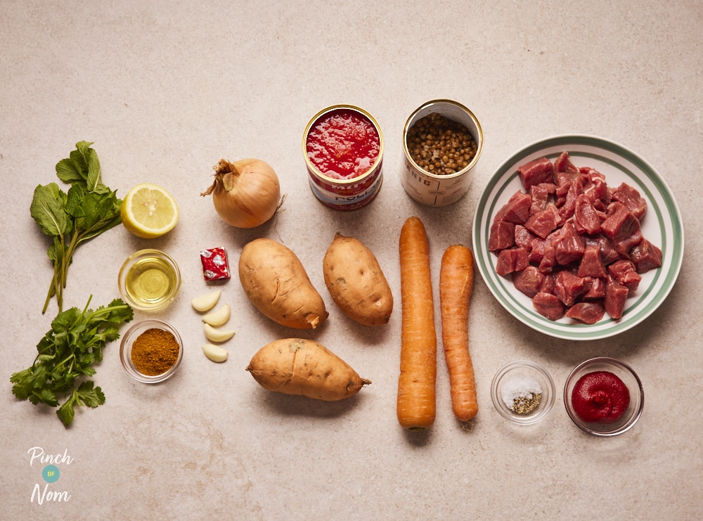 Ingredients for Pinch of Nom Lamb, Lentil and Sweet Potato Stew on counter.