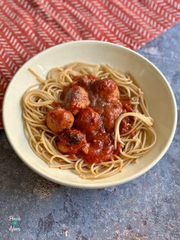 Air Fryer Maple and Bacon Meatballs pinchofnom.com