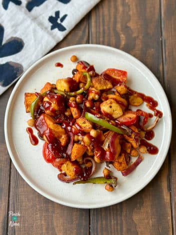 Air Fryer Smoky Halloumi and Sweet Potato Bake pinchofnom.com