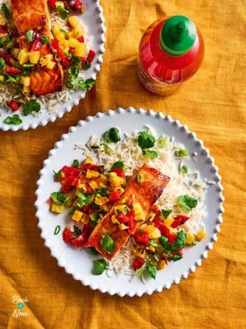 Air Fryer Sriracha Salmon with Roasted Pineapple Salsa pinchofnom.com