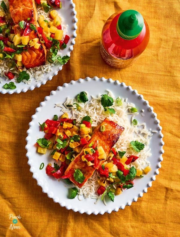 Air Fryer Sriracha Salmon with Roasted Pineapple Salsa pinchofnom.com