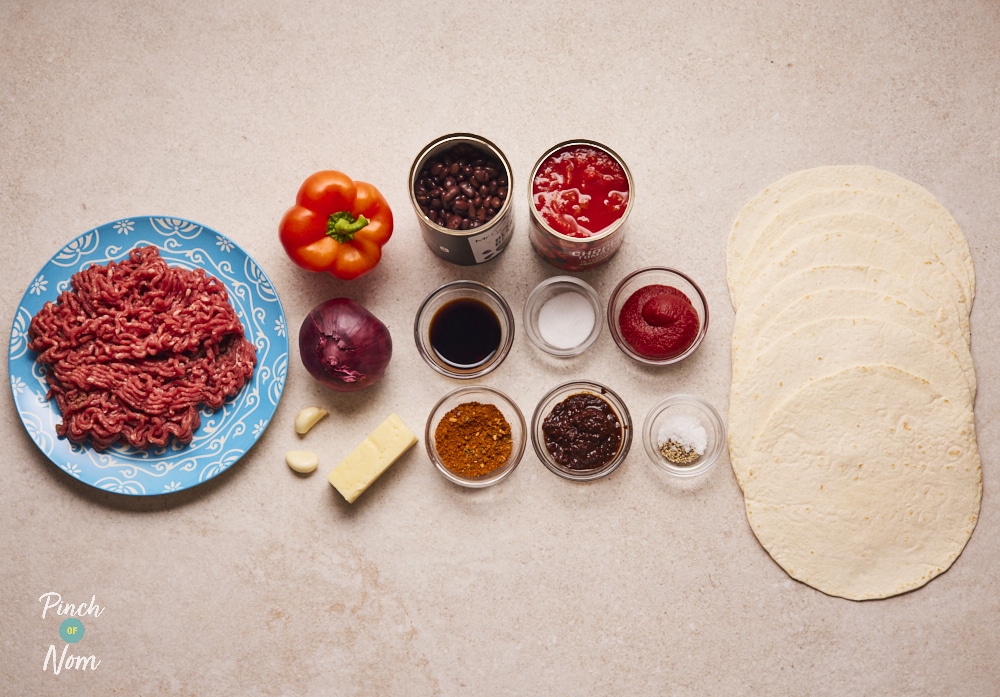 Ingredients for Pinch of Nom Baked BBQ Burritos, laid out on counter.