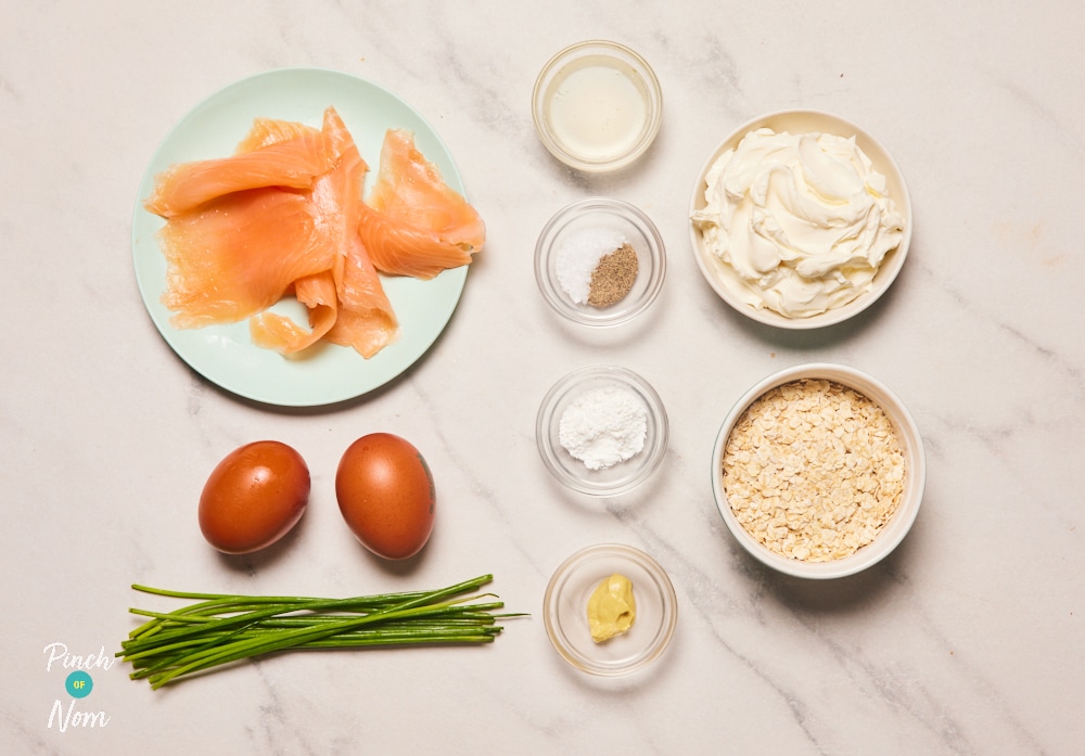 Ingredients for Pinch of Nom Cream Cheese and Chive Pancakes laid out on counter.