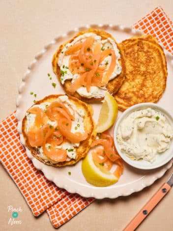Cream Cheese and Chive Pancakes with Smoked Salmon pinchofnom.com