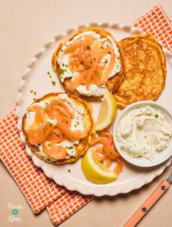 Cream Cheese and Chive Pancakes with Smoked Salmon pinchofnom.com