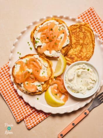 Cream Cheese and Chive Pancakes with Smoked Salmon pinchofnom.com