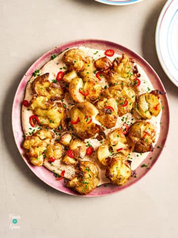 Air Fryer Crispy Chilli Potato Salad pinchofnom.com