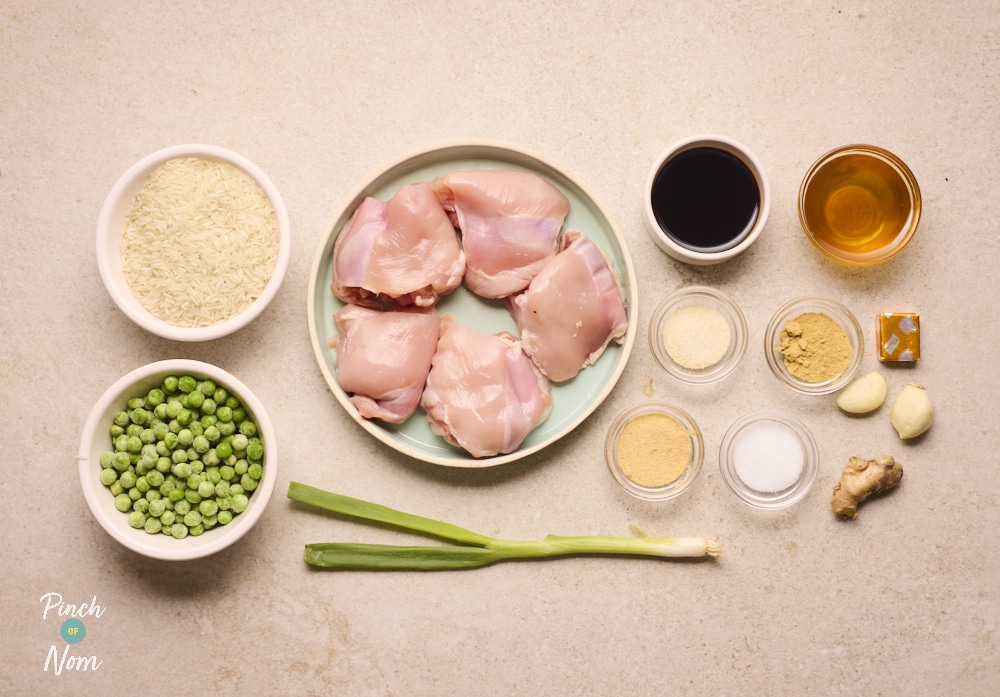 Ingredients for Pinch of Nom Honey and Ginger Chicken Rice laid out on counter.