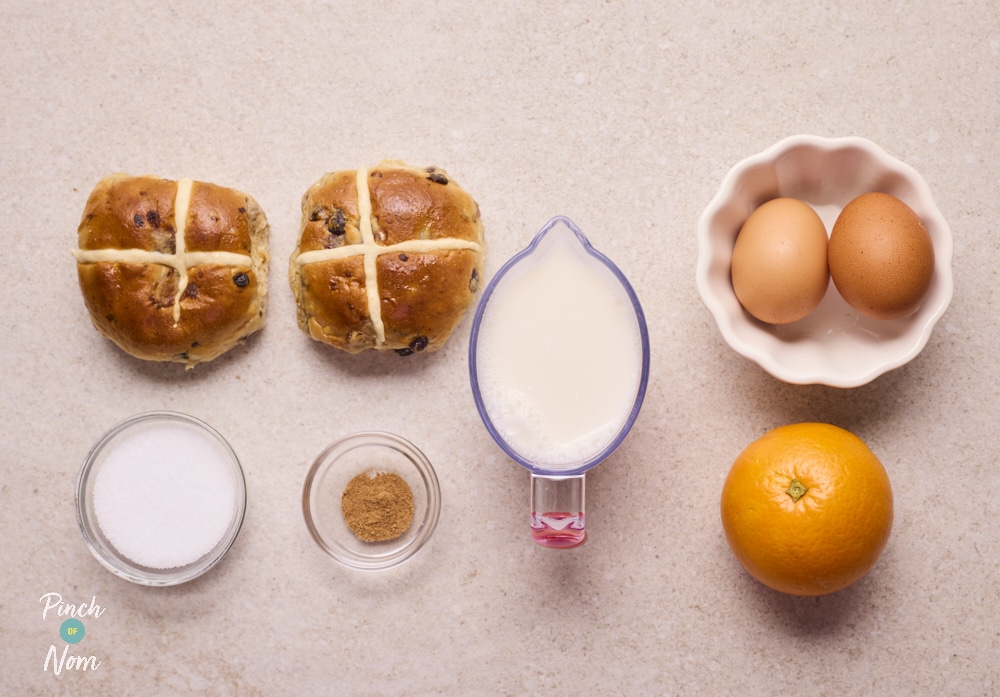 Ingredients for Pinch of Nom Hot Cross Bun Bread Pudding on counter.