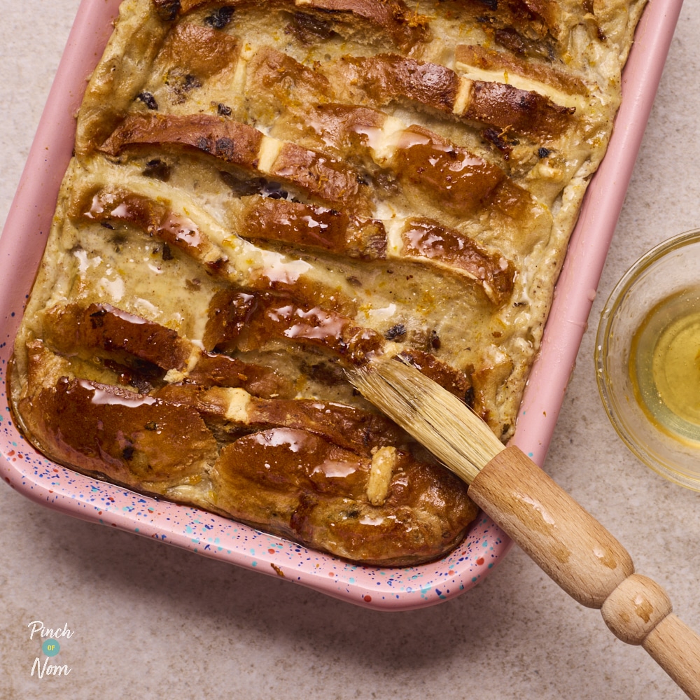 Pinch of Nom Hot Cross Bun Bread Pudding, fresh out of the oven and ready for serving.