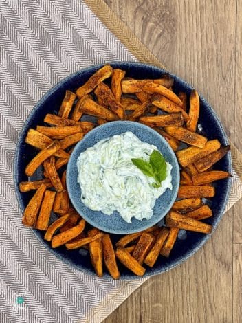 Air Fryer Indian-Style Sweet Potato Fries and Raita pinchofnom.com