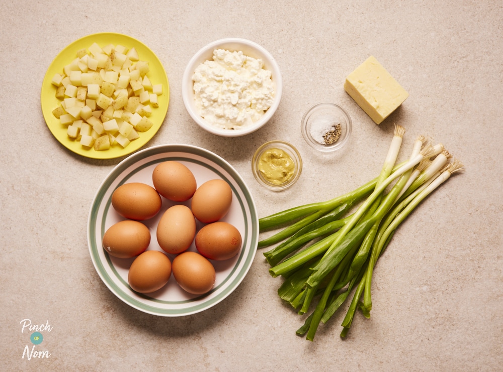 Ingredients for Pinch of Nom Potato, Cheddar and Chive Bakes laid out on counter.