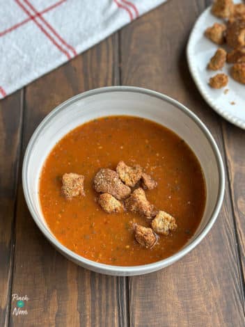 Air Fryer Roasted Tomato and Garlic Soup pinchofnom.com