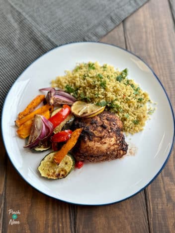 Air Fryer Sumac Chicken with Roasted Vegetables and Herby Couscous pinchofnom.com
