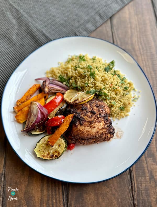 Air Fryer Sumac Chicken with Roasted Vegetables and Herby Couscous pinchofnom.com
