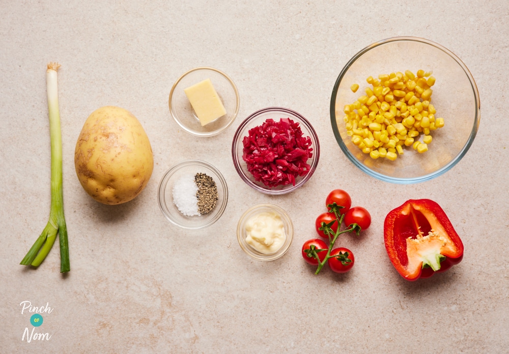 Ingredients fro Pinch of Nom Turkish-Style Baked Potato laid out on counter.