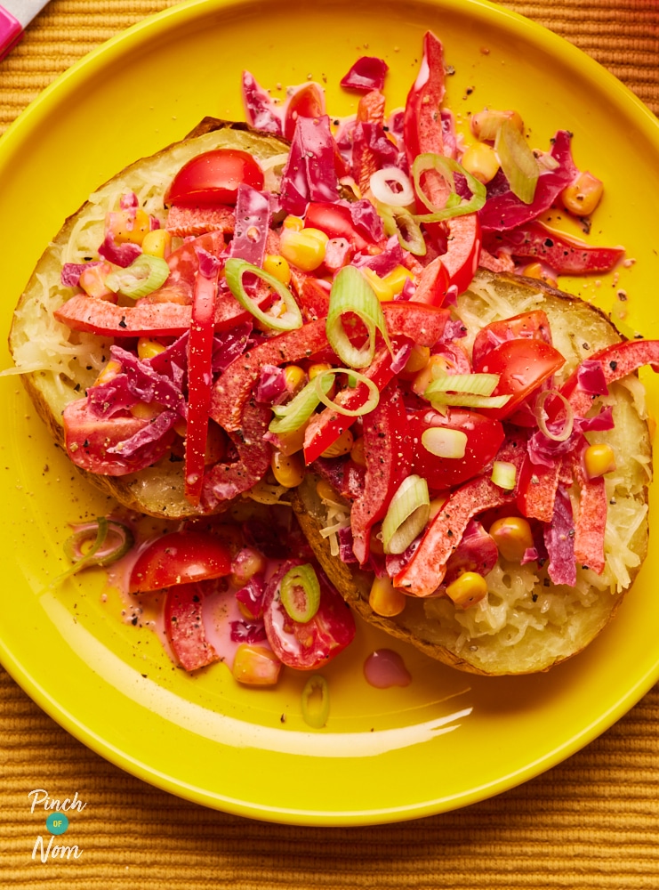Pinch of Nom Turkish-Styled Baked Potato, topped with cheese and a tangy slaw.