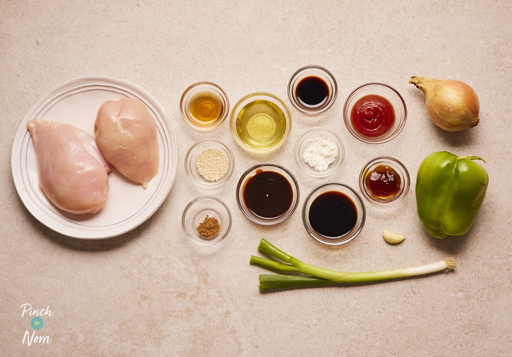Ingredients for Chicken with Peking-Style Sauce laid out on counter.
