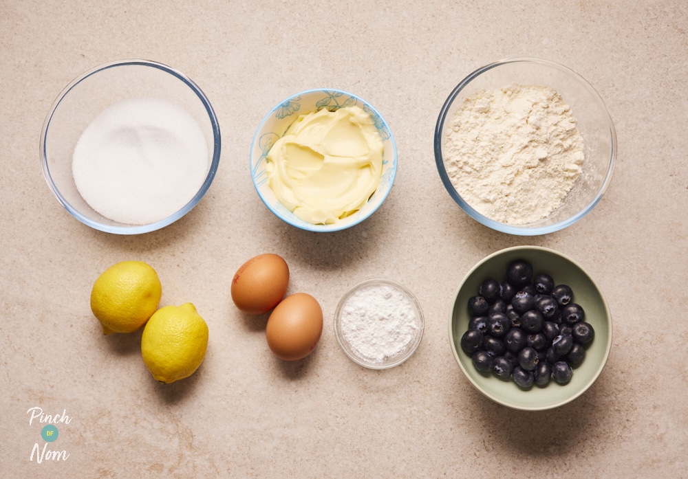 Ingredients for Pinch of Nom Blueberry Squares laid out on counter.
