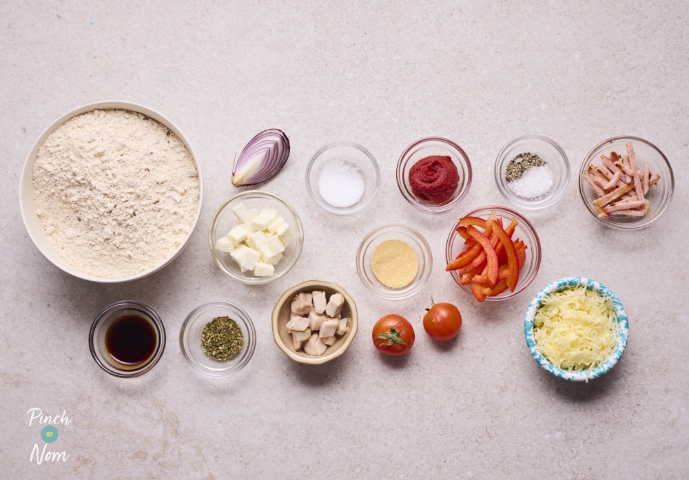 Ingredients for Pinch of Nom Chicken and Bacon Pizza laid out on counter.