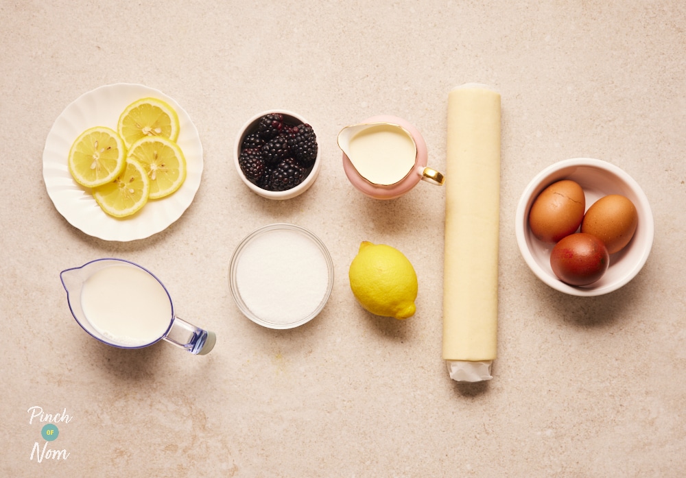 Ingredients for Pinch of Nom Lemon Egg Custard Tart, laid out on counter.