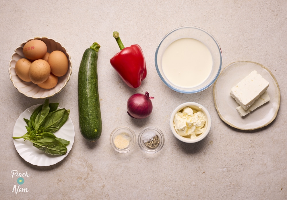 Ingredients for Pinch of Nom Mediterranean-Style Roasted Vegetable and Feta Quiche laid out on counter.