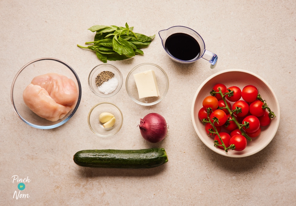Ingredients for Pinch of Nom Mozzarella-Topped Chicken with Balsamic Cherry Tomatoes laid out on counter