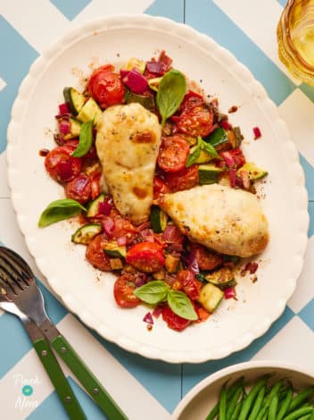 Mozzarella-Topped Chicken with Balsamic Cherry Tomatoes pinchofnom.com
