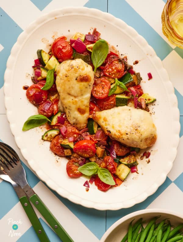 Mozzarella-Topped Chicken with Balsamic Cherry Tomatoes pinchofnom.com