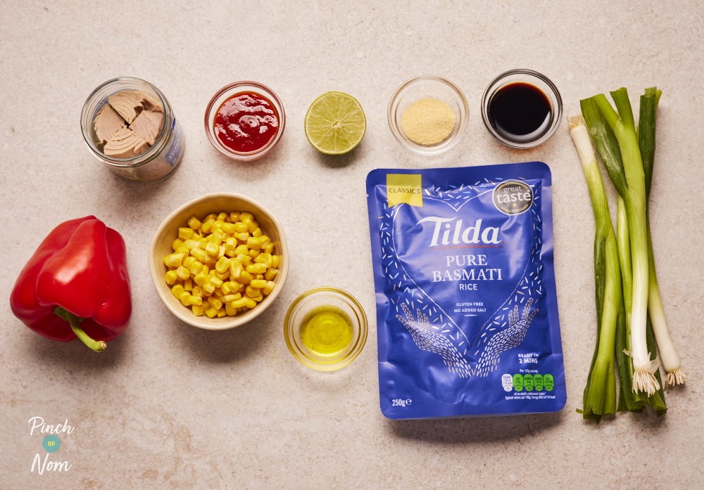 Ingredients for Pinch of Nom Spicy Rice laid out on counter.