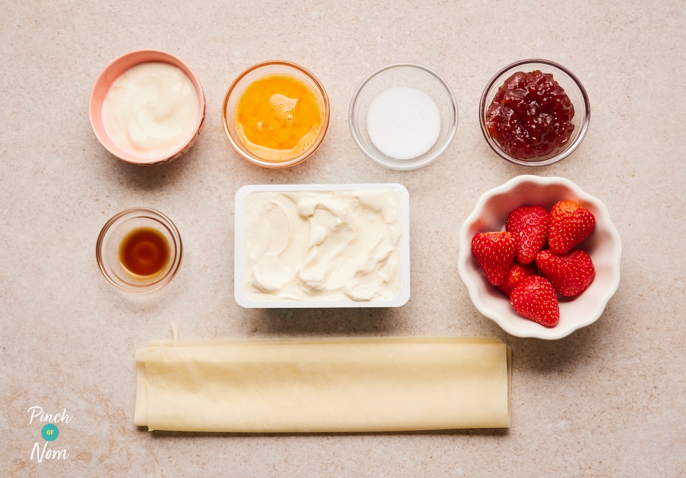 Ingredients for Pinch of Nom Strawberry Tarts laid out on counter.