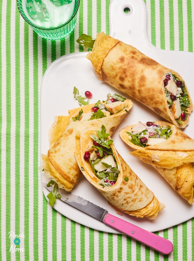 Pinch of Nom Sweet Chilli Halloumi Omelette Wrap, freshly rolled and packed with salad.