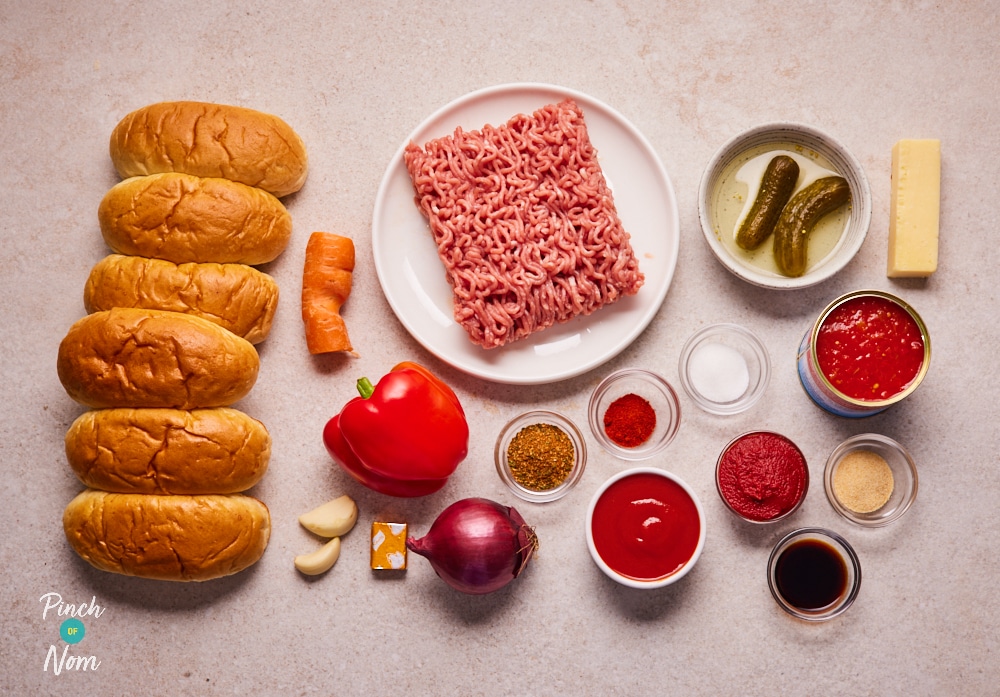 Ingredients for Pinch of Nom BBQ Sloppy Dogs laid out on counter.