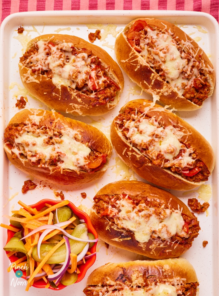 Pinch of Nom BBQ Sloppy Dogs, topped with gooey melted cheese.
