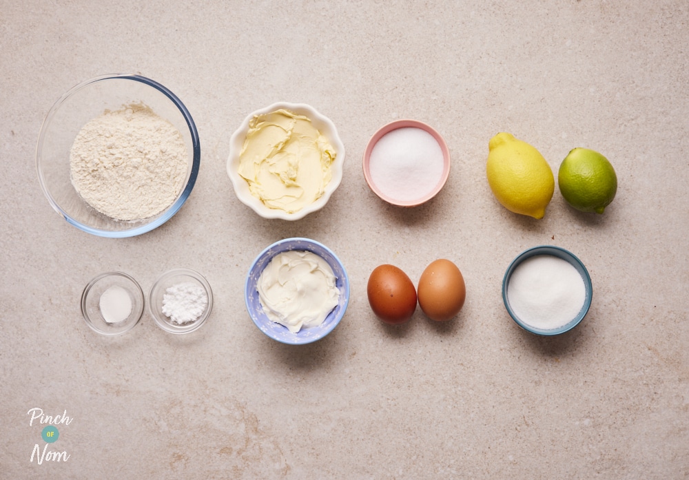 Ingredients for Pinch of Nom Lemon and Lime Cakes laid out on counter.
