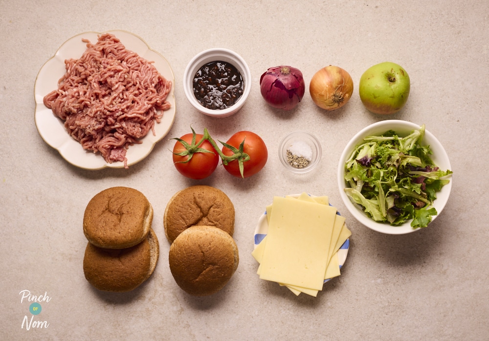 Ingredients for Pinch of Nom Ploughman's Burgers laid out on counter.