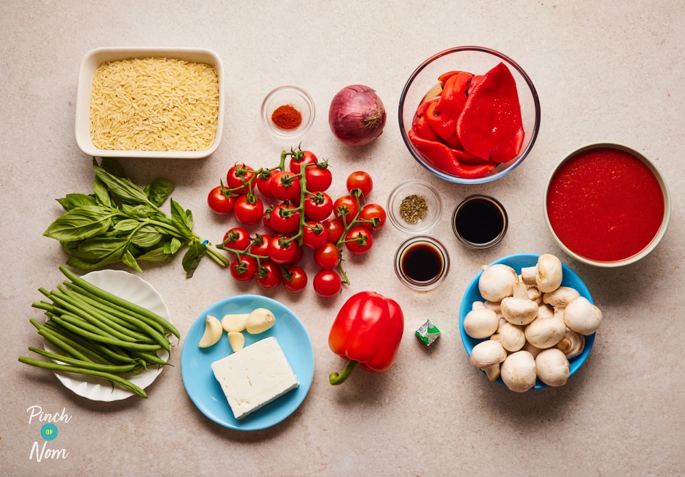 Ingredients for Pinch of Nom Roasted Red Pepper Feta Orzo, laid out on counter.