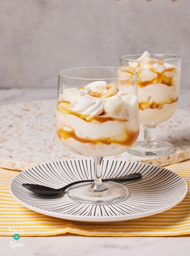 Pinch of Nom Banana Mess, served in glass dessert bowls.