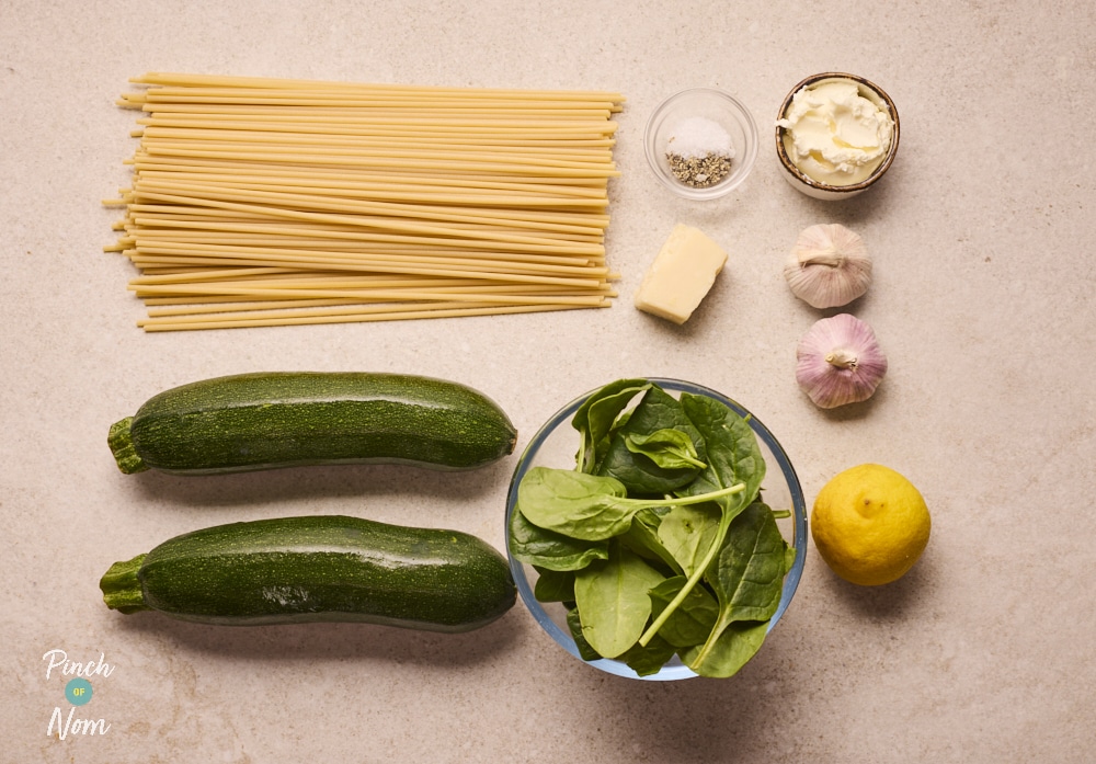 Ingredients for Pinch of Nom Garlic Spaghetti, laid out on counter.